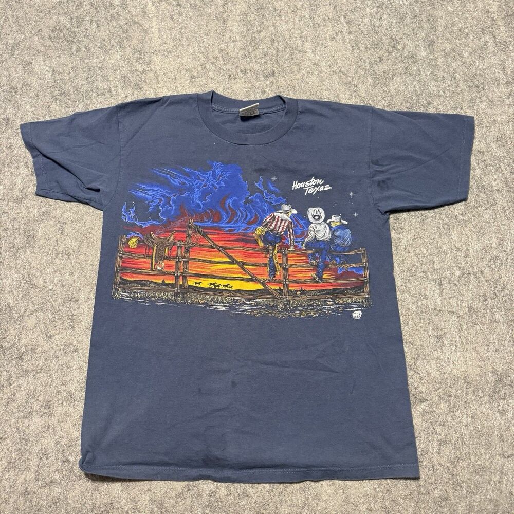 VTG 90s Gildan Image West Houston Texas Cowboy T Shirt Large L Sun Set USA Made